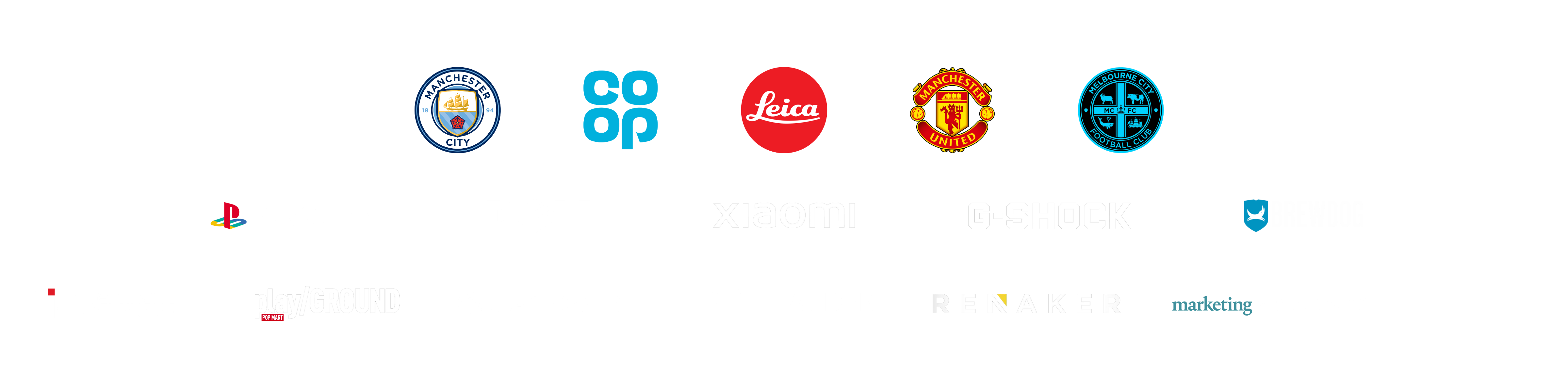 Logos of brands Jake Hardy has worked with — Leica, Xiaomi, Manchester City, Manchester United, PlayStation, Dell, Estée Lauder, Brewdog and more
