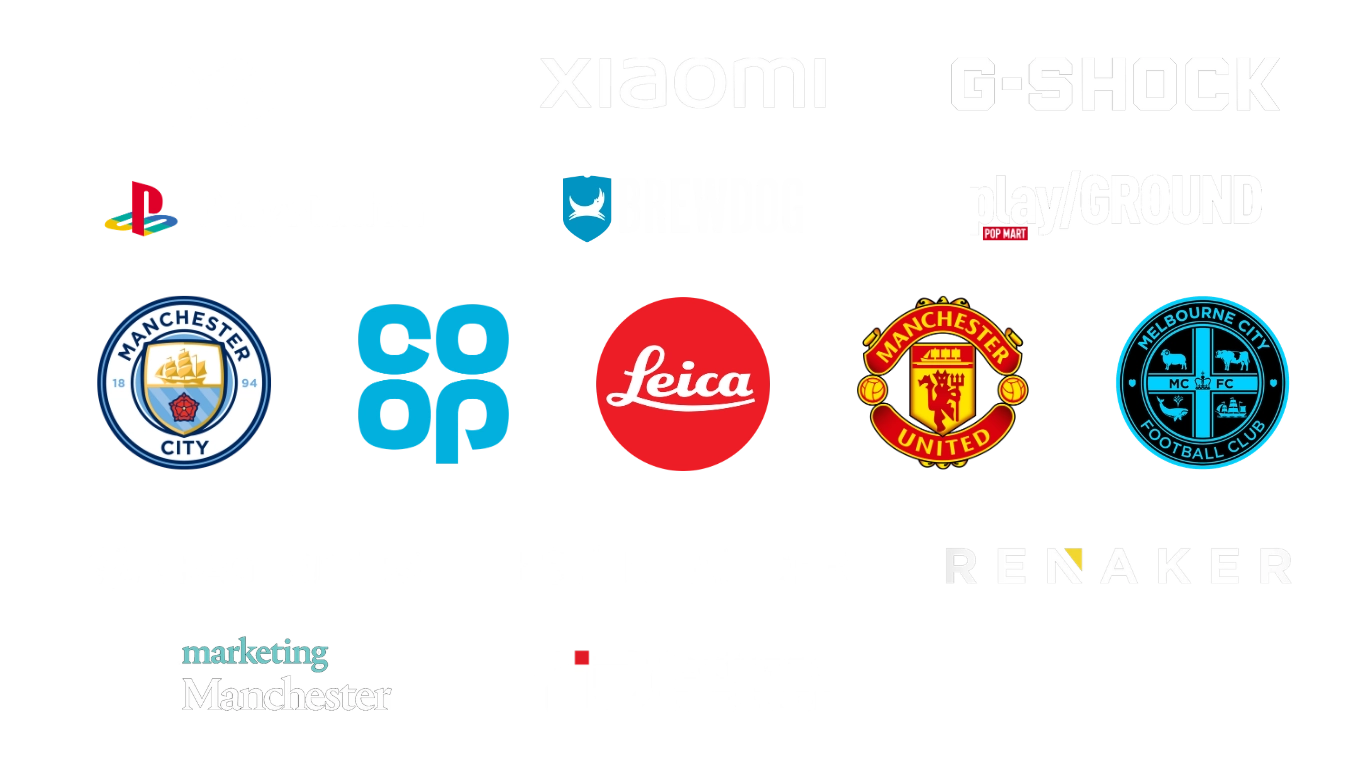 Logos of brands Jake Hardy has worked with — Leica, Xiaomi, Manchester City, Manchester United, PlayStation, Dell, Estée Lauder, Brewdog and more